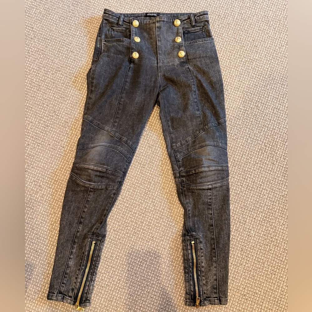 🤩 BALMAIN washed Black/gray Denim Jeans sz 38/US 6with Gold Accent logo buttons